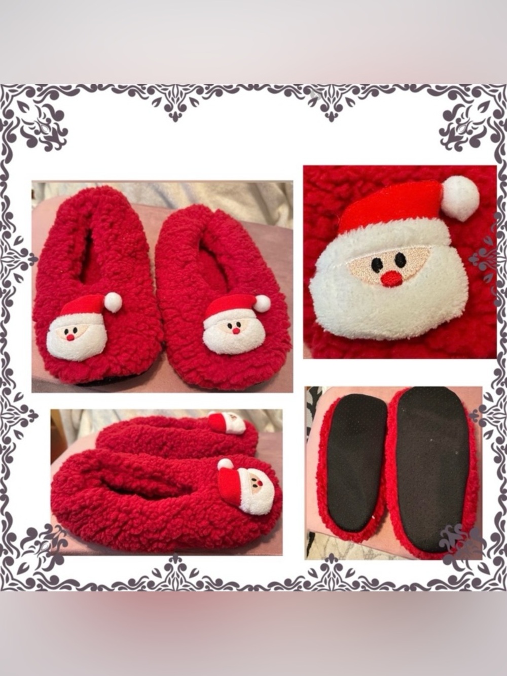 Slippers Red fleece Santa - sz medium - elastic - worn once shoes -FREE w/purch